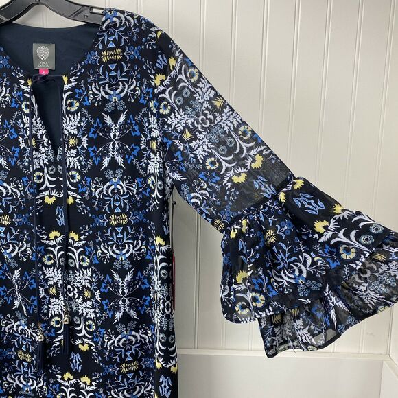 Vince Camuto Mini Dress Sz 6 Navy Blue Floral Tiered Ruffled Sleeve Tassels NEW - Picture 2 of 11